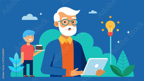 An experienced retiree serving as a mentor to a promising tech startup their wisdom and guidance proving invaluable to the growth of the company.. Vector illustration