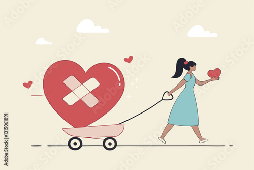 Move on or forget and forgive, open for new relationship, heal or cured from heart broken or divorce and relationship problem concept, happy woman walking with bandage repaired heart shape.