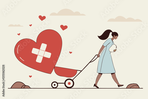 Move on or forget and forgive, open for new relationship, heal or cured from heart broken or divorce and relationship problem concept, happy woman walking with bandage repaired heart shape.