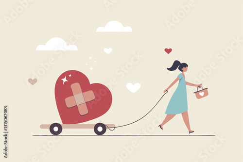 Move on or forget and forgive, open for new relationship, heal or cured from heart broken or divorce and relationship problem concept, happy woman walking with bandage repaired heart shape.