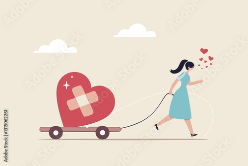 Move on or forget and forgive, open for new relationship, heal or cured from heart broken or divorce and relationship problem concept, happy woman walking with bandage repaired heart shape.