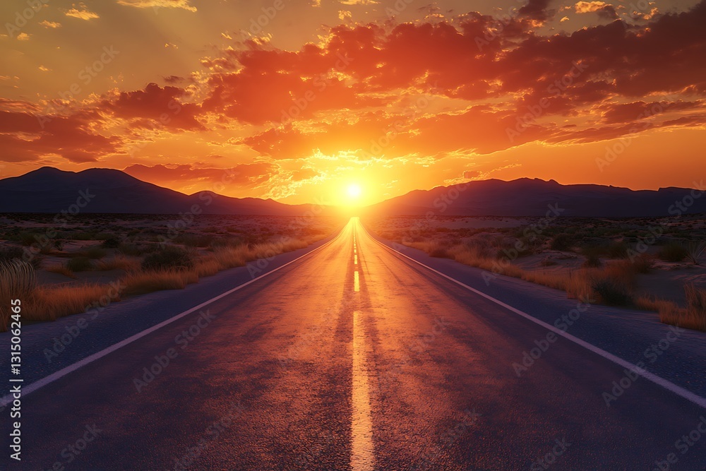 Fototapeta premium A scenic road stretches towards a vibrant sunset over mountains and desert landscape.