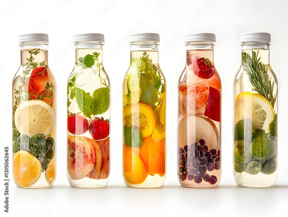 A collection of colorful fruit-infused water bottles showcasing vibrant ingredients like lemons, berries, and herbs, promoting healthy hydration in an aesthetic layout. A collection of colorful fruit-infused water bottles showcasing vibrant ingredients like lemons, berries, and herbs, promoting healthy hydration in an aesthetic layout.