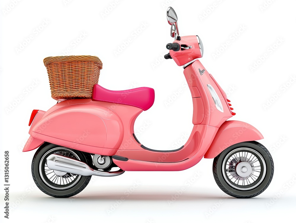 Obraz premium Pink Scooter with Wicker Basket on White Background