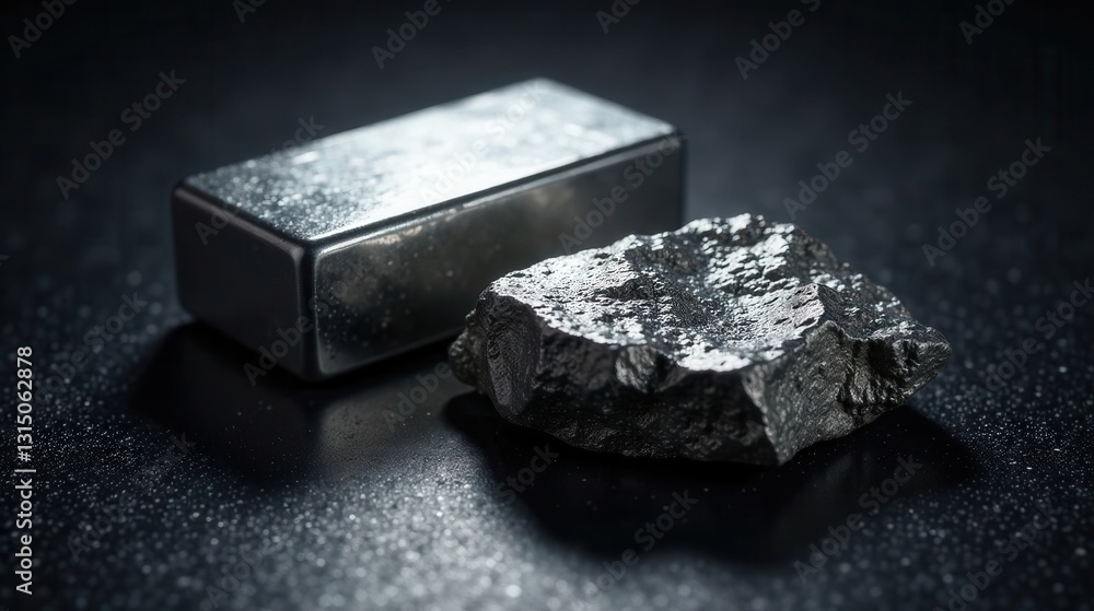 Refined Metal Ingot and Raw Ore Specimen on Dark Surface Refined Metal Ingot and Raw Ore Specimen on Dark Surface