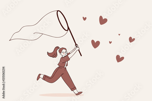 Searching for passion, motivation or work inspiration, finding relationship, romance dating, desire or aspiration concept, business woman using butterfly net to catch flying passionate lovely heart.