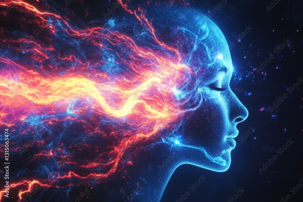This stunning abstract digital artwork depicts a human silhouette, with vibrant energy flowing from its head, symbolizing creativity and transformation. This stunning abstract digital artwork depicts a human silhouette, with vibrant energy flowing from its head, symbolizing creativity and transformation.