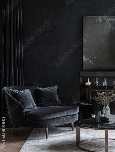 A dark and minimalist interior design scene showing elegant furniture