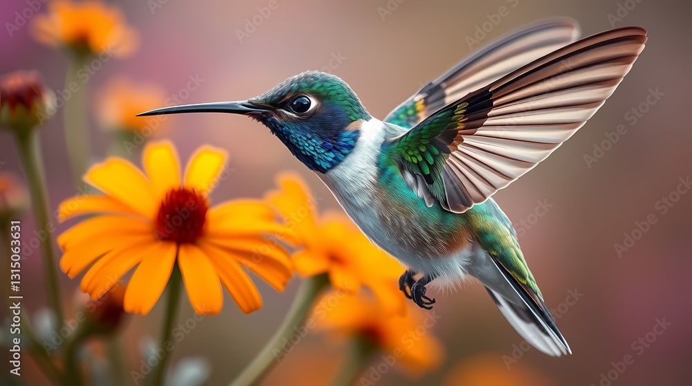 Fototapeta premium Hummingbird's Floral Flight: Capturing a hummingbird in mid-flight, showcasing its vibrant feathers, hovering near orange flowers, set against a softly blurred, colorful background.