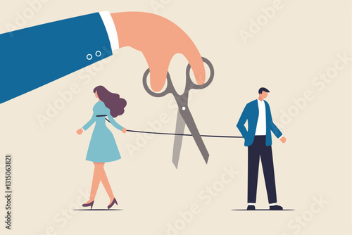 Divorced couple, separation of broken marriage end of relationship concept, hand using scissors to cut rope to rip apart couple, troubles man and woman with sadness emotion.