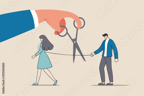 Divorced couple, separation of broken marriage end of relationship concept, hand using scissors to cut rope to rip apart couple, troubles man and woman with sadness emotion.