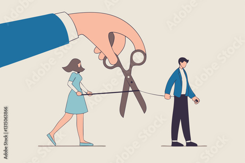 Divorced couple, separation of broken marriage end of relationship concept, hand using scissors to cut rope to rip apart couple, troubles man and woman with sadness emotion.