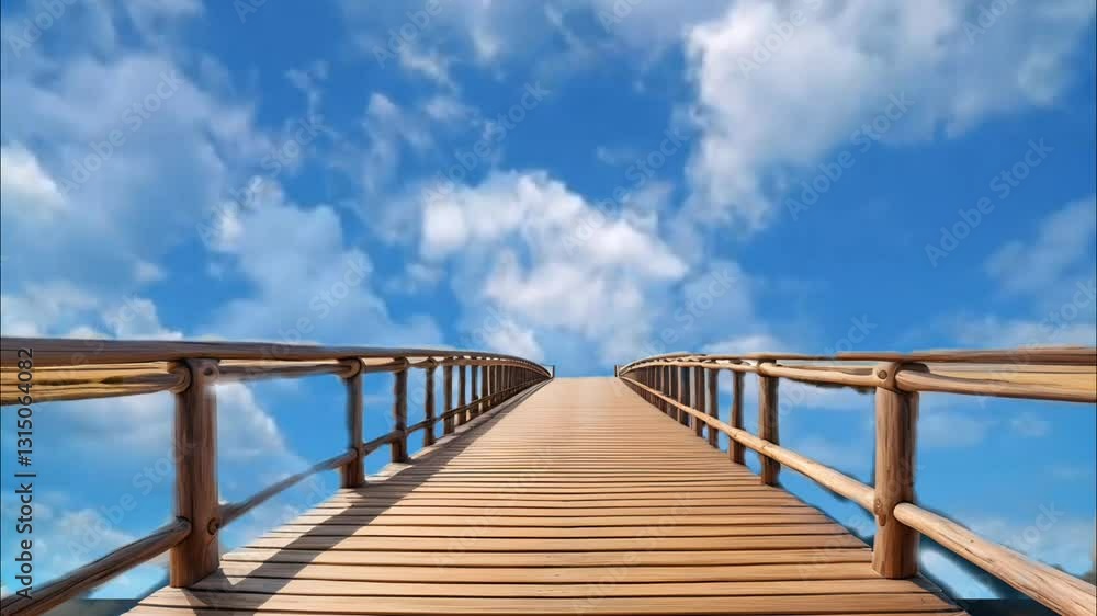 Scenic wooden bridge extending towards the blue sky with fluffy clouds. Seamless looping 4K video background Scenic wooden bridge extending towards the blue sky with fluffy clouds. Seamless looping 4K video background