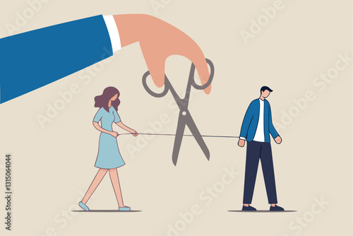 Divorced couple, separation of broken marriage end of relationship concept, hand using scissors to cut rope to rip apart couple, troubles man and woman with sadness emotion.