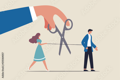 Divorced couple, separation of broken marriage end of relationship concept, hand using scissors to cut rope to rip apart couple, troubles man and woman with sadness emotion.