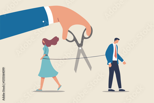 Divorced couple, separation of broken marriage end of relationship concept, hand using scissors to cut rope to rip apart couple, troubles man and woman with sadness emotion.