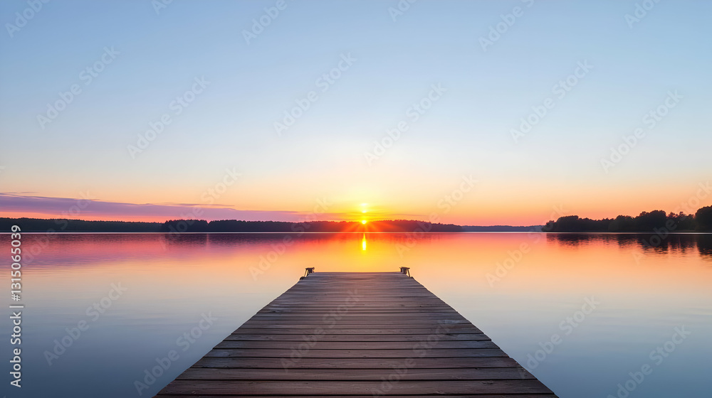 Naklejka premium Tranquil Sunset Over Calm Lake With Wooden Dock In Golden Hour Light