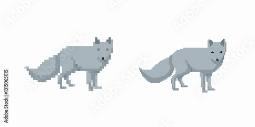 Two wolves in pixel art style with grey tones, showcasing distinct designs and simple features.