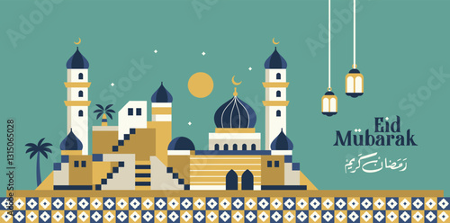 ramadan kareem, eid mubarak geometric landscape pastel color pattern with arabic city and various brightly colored islamic icons