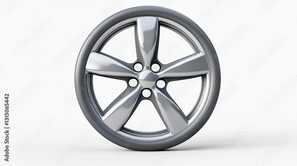 Silver Five Spoke Alloy Wheel with Dark Gray Tire on White Background Silver Five Spoke Alloy Wheel with Dark Gray Tire on White Background