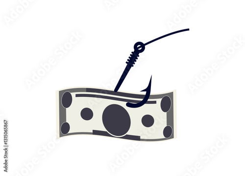 A sharp fishing hook pierces through a dollar bill, highlighting financial threats and risks.