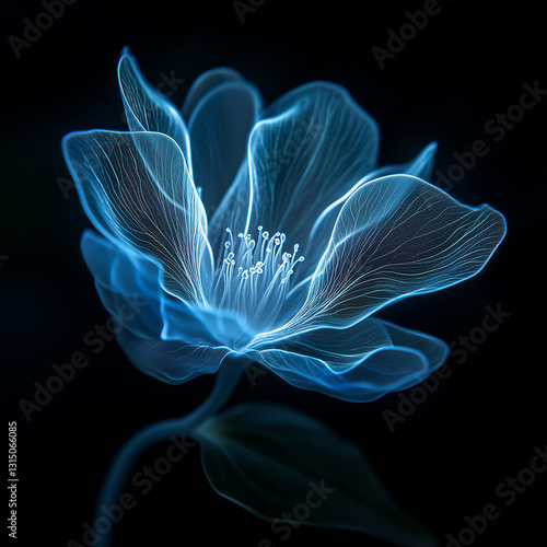A bioluminescent alien flower with translucent petals, softly glowing in the dark