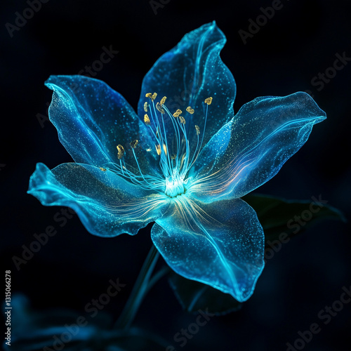 A bioluminescent alien flower with translucent petals, softly glowing in the dark