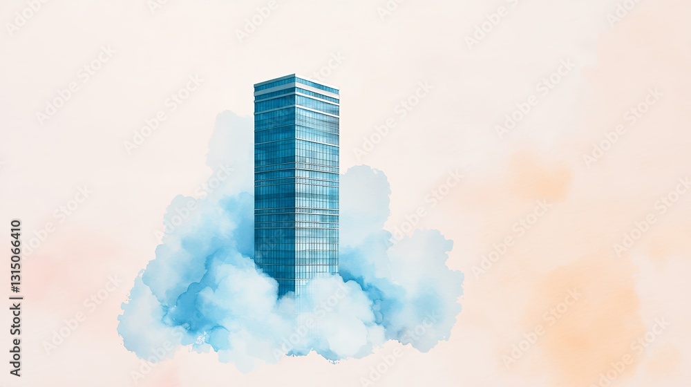 Fototapeta premium Surreal Skyscraper Emerging from Clouds: A Dreamlike Vision of Ambition and Innovation