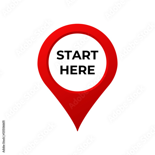 Simple red location marker icon with bold black text start here on a white circular center.