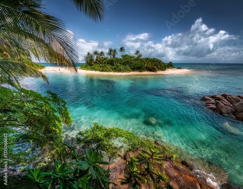 oculto en el corazón de una isla tropical, donde el verde follaje se entrelaza con las aguas cristalinas, creando una unión armoniosa entre la tierra y el mar, evocando una sensación de paraíso, reali