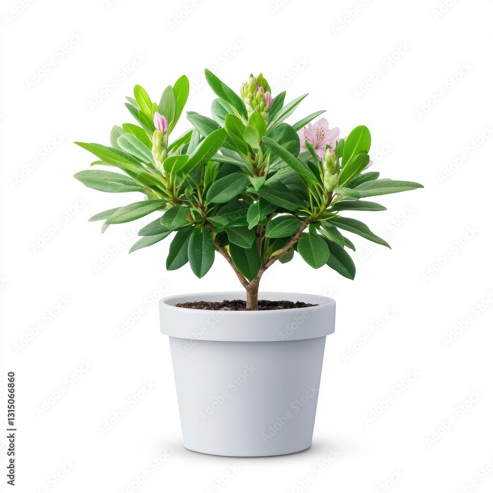 Obraz premium Small Rhododendron Plant with Light Pink Flowers in a Gray Pot