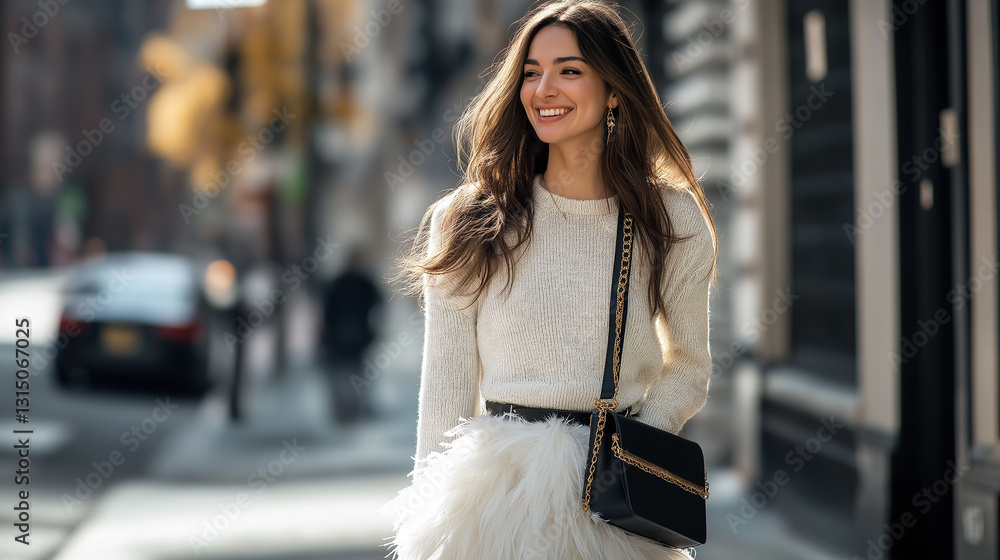 Obraz premium A woman in a white feathered skirt and black-gold chain crossbody bag walks down the street, smiling, radiating happiness