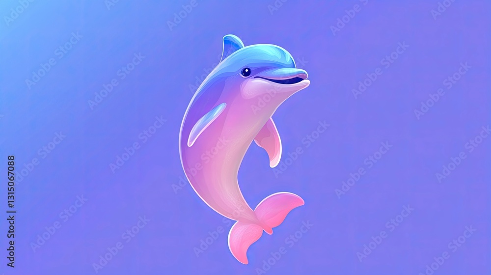 Obraz premium Cute pastel-colored cartoon dolphin leaping against a vibrant blue background.