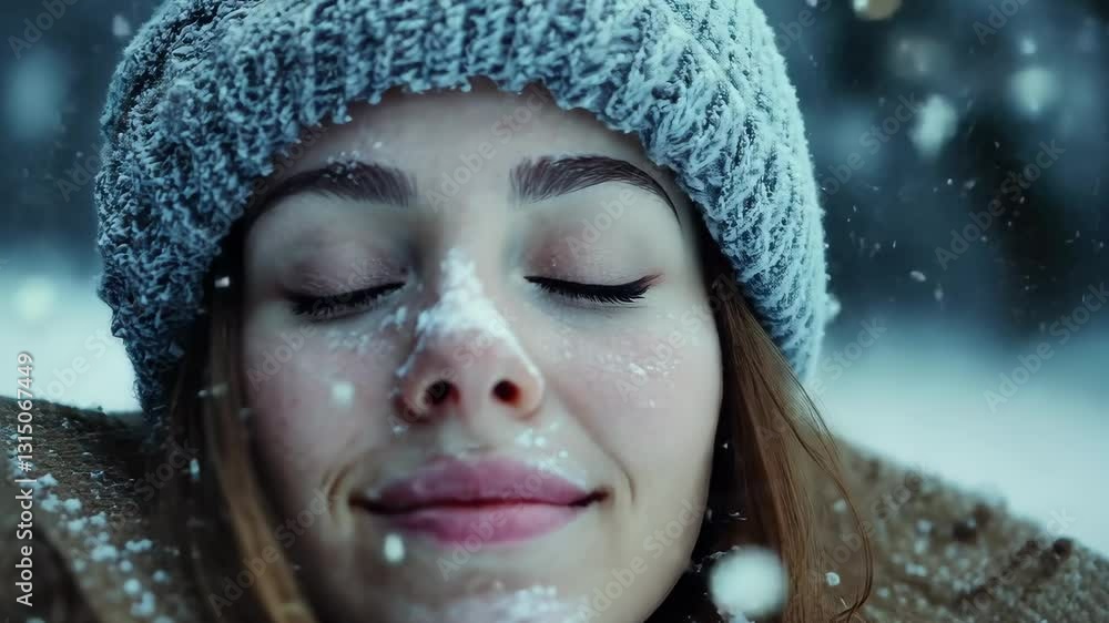 Young caucasian woman enjoying snowfall outdoors with eyes closed Young caucasian woman enjoying snowfall outdoors with eyes closed