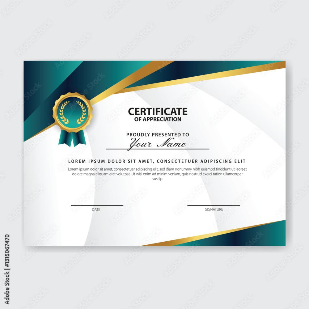 Obraz premium Teal-gold certificate design, appreciation award template, white background, printable