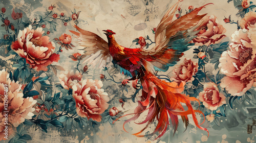 Fototapeta Naklejka Na Ścianę i Meble -  Vibrant Phoenix Soaring Amidst Peonies in Traditional Asian Art Style with Intricate Floral Details