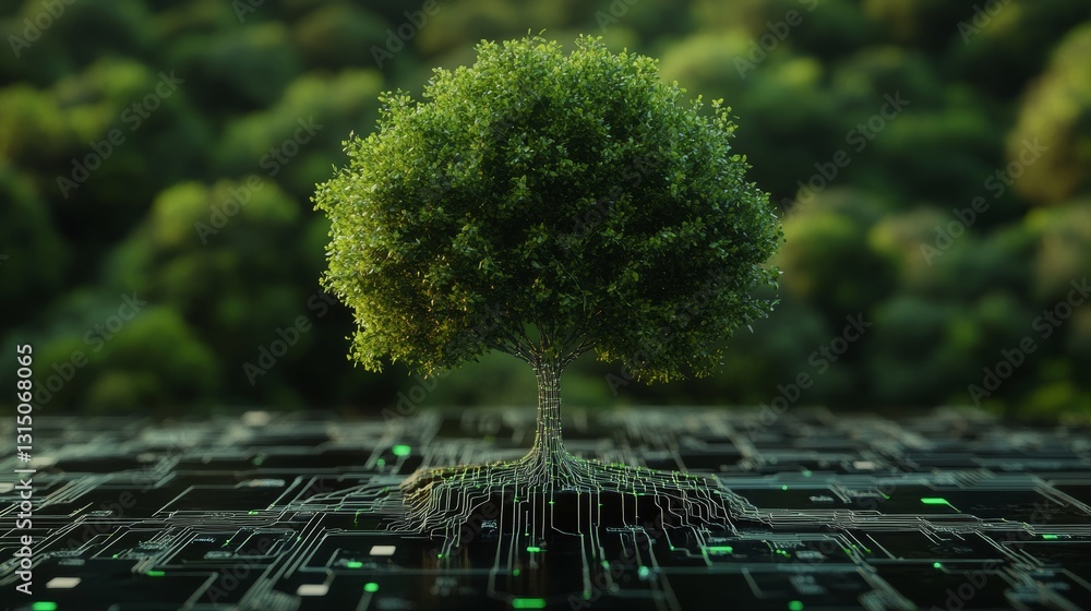 A stunning visual of a tree emerging from a circuit board, representing the fusion of nature and technology. This image symbolizes growth and sustainability in a digital world. A stunning visual of a tree emerging from a circuit board, representing the fusion of nature and technology. This image symbolizes growth and sustainability in a digital world.