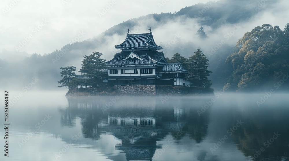 Historic Japanese Castle on Island Surrounded by Mist Historic Japanese Castle on Island Surrounded by Mist