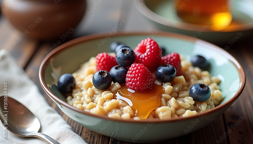 Oatmeal with fresh berries and honey in a bowl. Oatmeal with fresh berries and honey in a bowl.