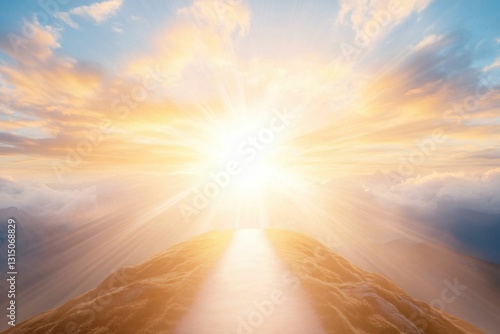 Bright radiant sunrise illuminating sky, vibrant colors blending orange and blue, evoking feelings of hope and new beginnings.