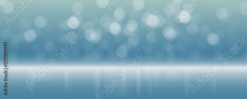 Light blue studio with circle bokeh background. Ice room with reflection floor with fog in winter or Christmas style. Art & Illustration