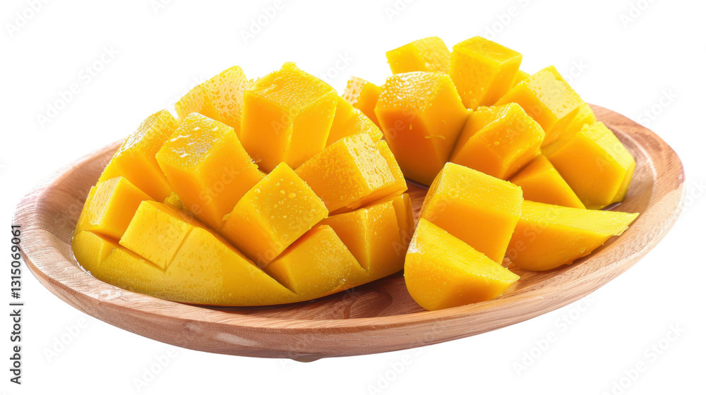 Fresh mango cubes on wooden plate with transparent background Fresh mango cubes on wooden plate with transparent background