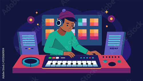 The beatmaker sat in front of his computer screen carefully adjusting each level on his mixer to ensure the perfect flow of data through his MIDI controller and into the virtual. Vector illustration