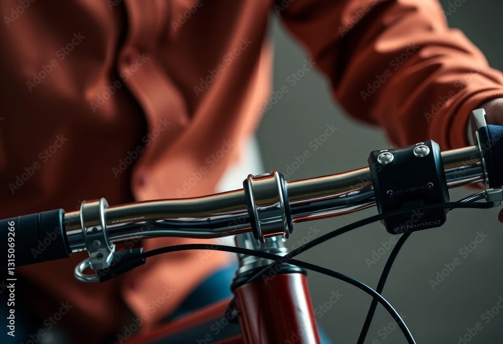 Close-up view of a person's hands gripping the polished chrome handlebars of a bicycle, showcasing sleek metallic details and a sophisticated design. Close-up view of a person's hands gripping the polished chrome handlebars of a bicycle, showcasing sleek metallic details and a sophisticated design.
