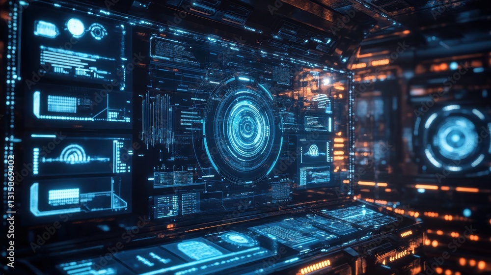 AI-driven Holographic Interface Displaying Futuristic Landscape AI-driven Holographic Interface Displaying Futuristic Landscape