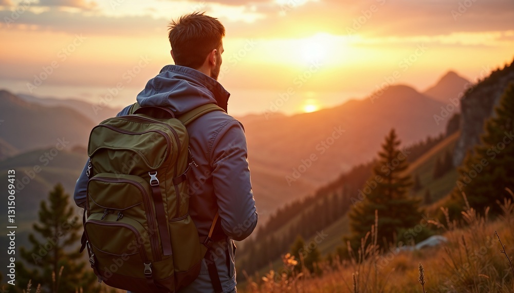 Man hiking in mountains at sunrise. Man hiking in mountains at sunrise.