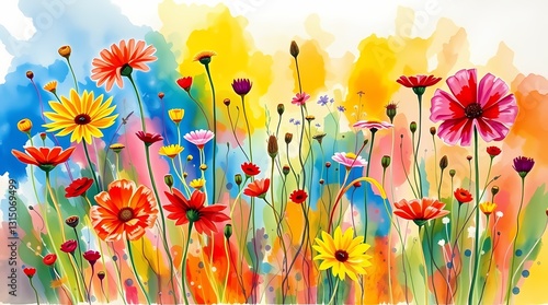 Vibrant floral display: A delightful array of colorful flowers blooms against a backdrop of blended hues, creating a bright and cheerful scene, perfect for evoking feelings of springtime and serenity.