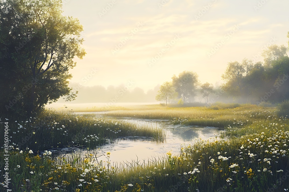 Fototapeta premium Serene landscape with a river, lush greenery, and wildflowers under soft morning light.
