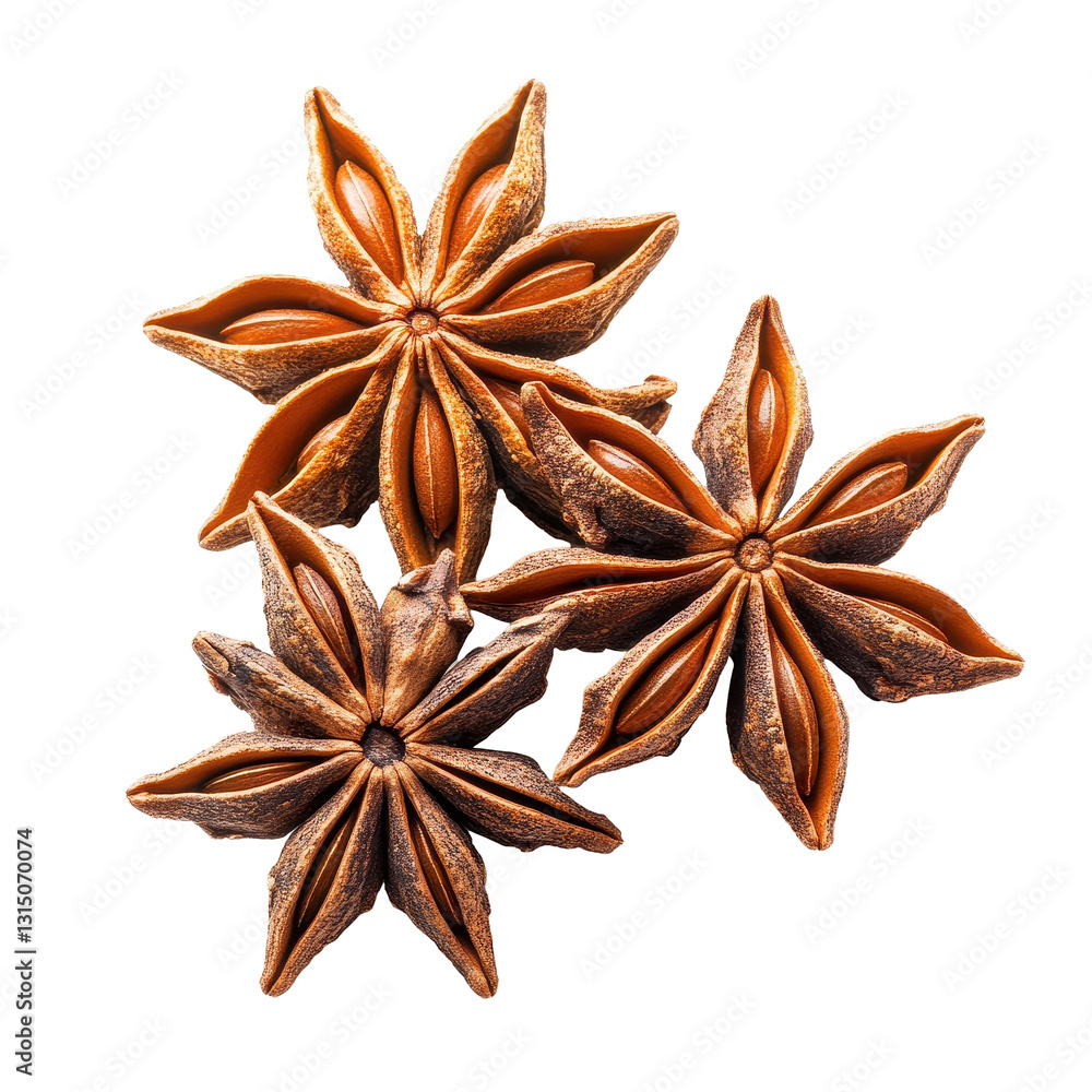 Star anise spice fruits and seeds arranged together on a Transparent background, Star anise spice fruits and seeds isolated on Star anise spice fruits and seeds arranged together on a Transparent background, Star anise spice fruits and seeds isolated on