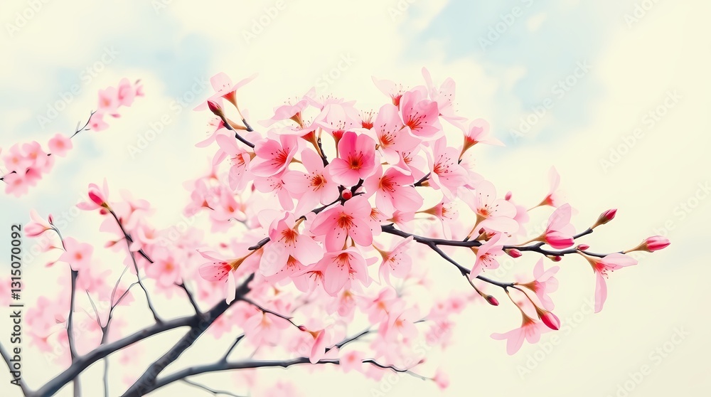 Obraz premium Sakura in the Sky: Captivating image showcases a close-up of delicate cherry blossom branches blooming with vibrant pink flowers, against a softly clouded sky.